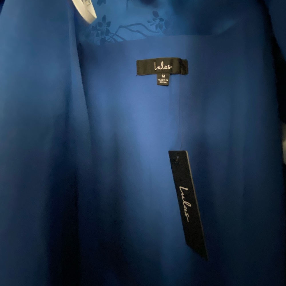 NWT Lulu's Blue Satin V Tie Wrap Floral Jacquard Ruched Cocktail Midi Dress M - Picture 12 of 16